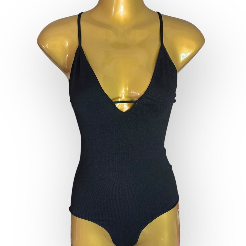 Free People Intimately Black Ribbed V-Neck Bodysuit XS/S Sleeveless Stretch NWOT